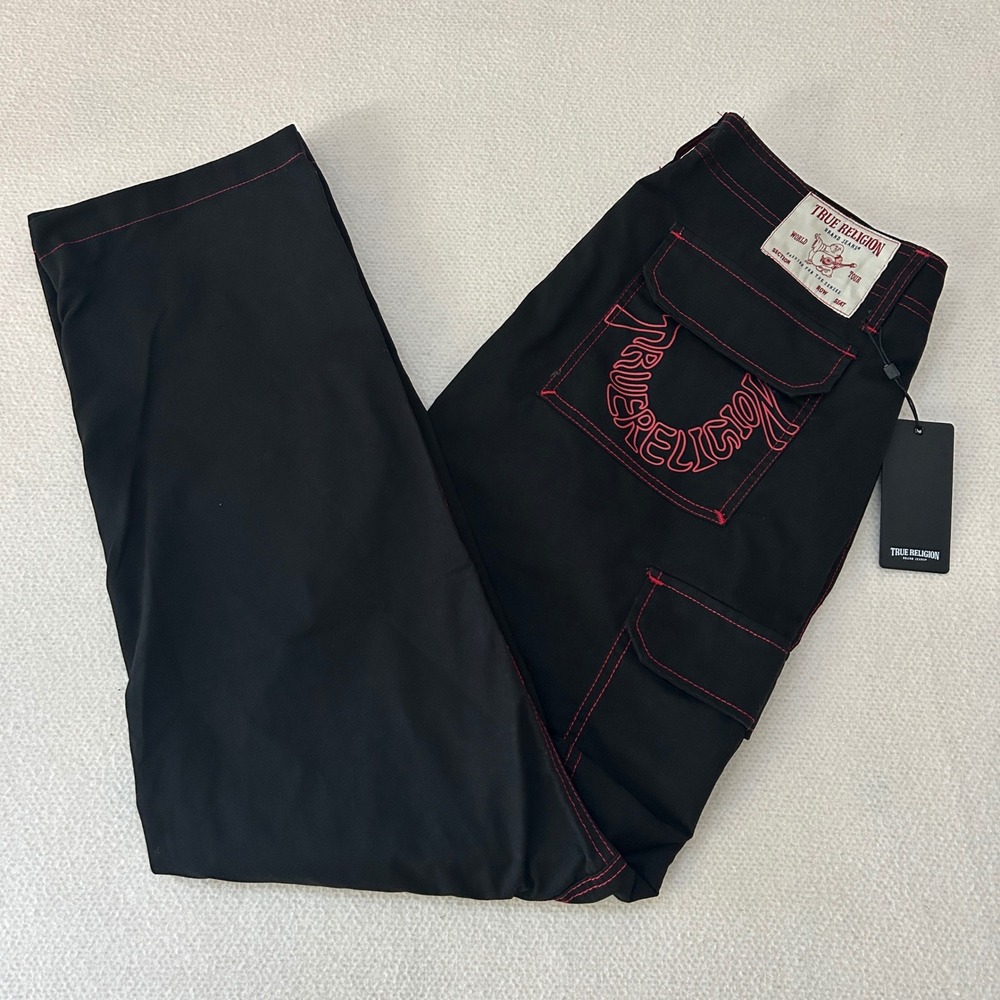True Religion Mens Cargo SN Pants HS Outline 36 Jet Black Red Stitch 700820 NWT